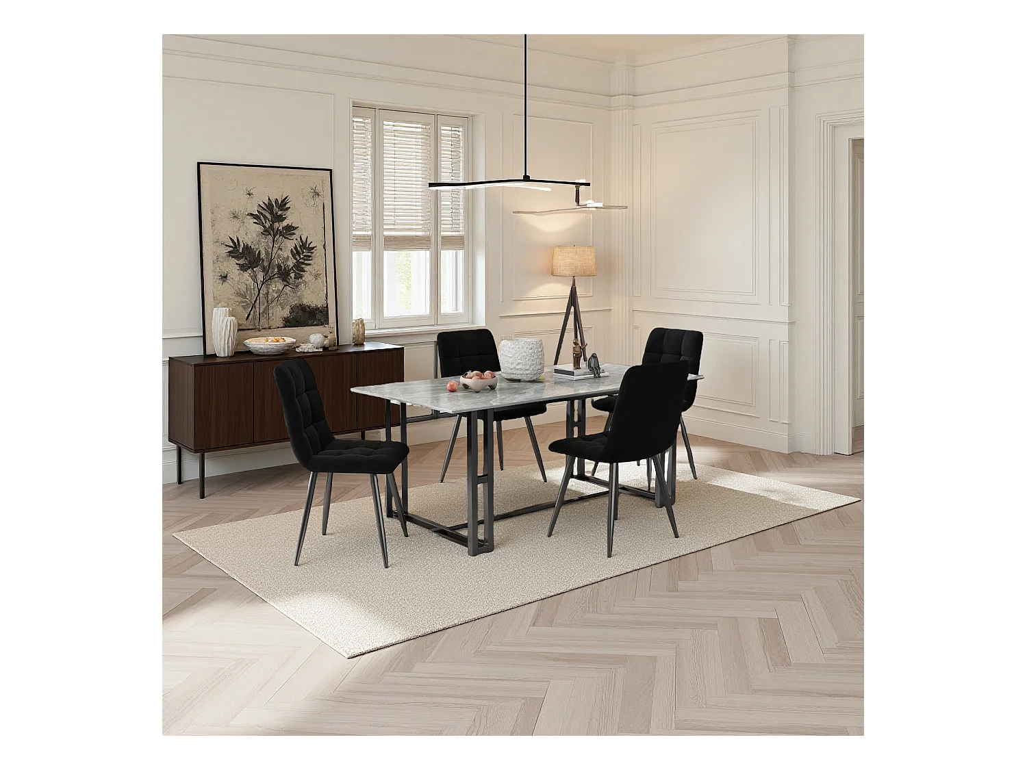 Lot de 4 chaises de salle à manger, avec pieds en métal, tissu en velours, Scandinave, noir