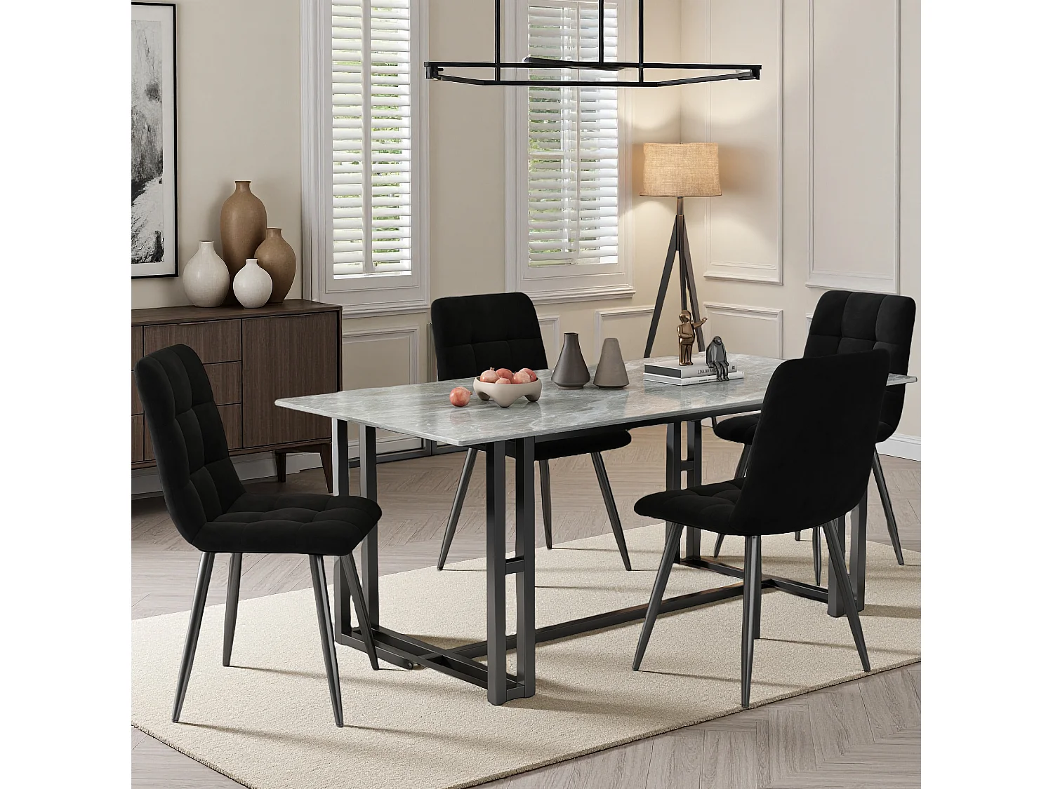 Lot de 4 chaises de salle à manger, avec pieds en métal, tissu en velours, Scandinave, noir