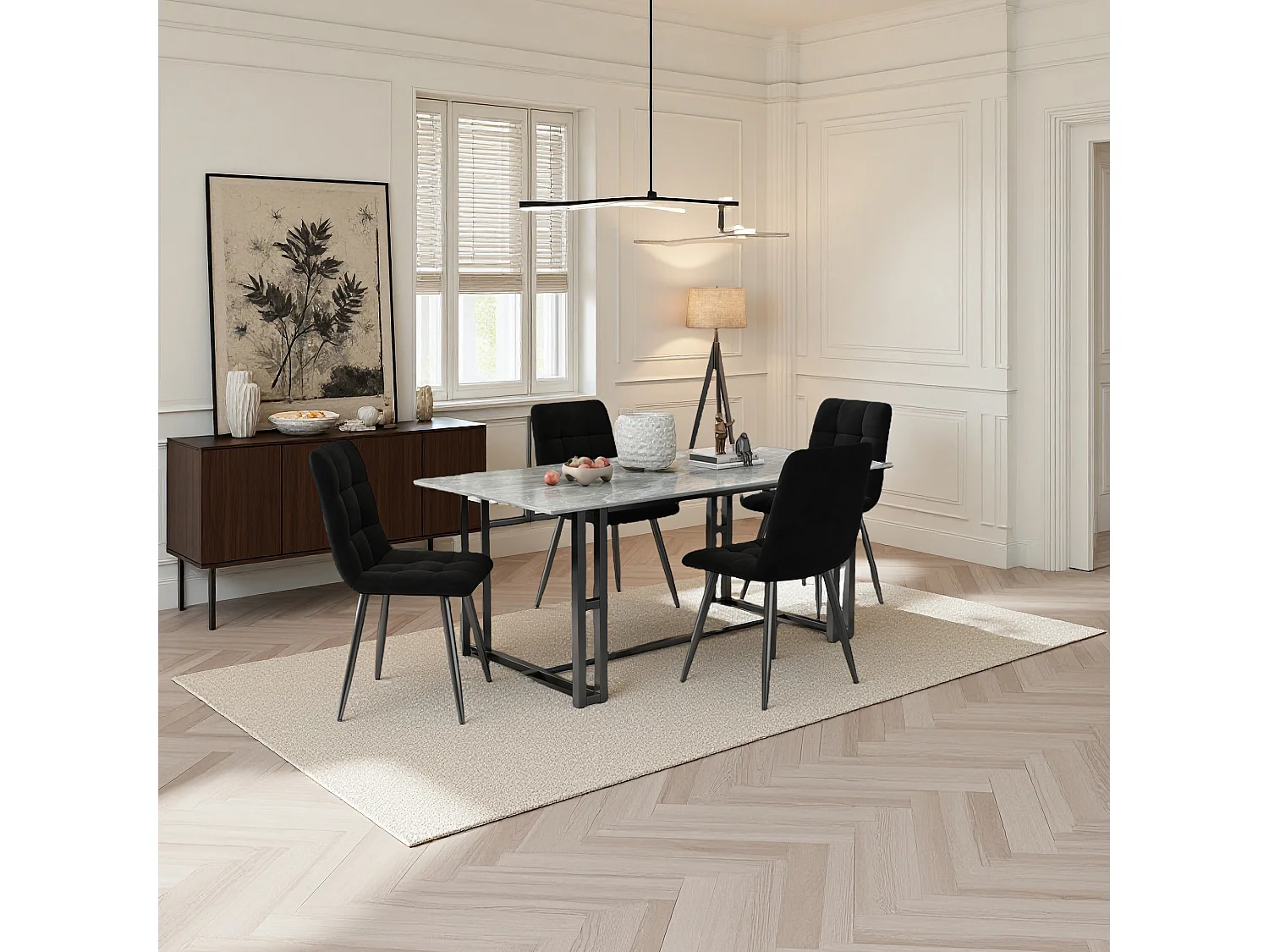 Lot de 4 chaises de salle à manger, avec pieds en métal, tissu en velours, Scandinave, noir