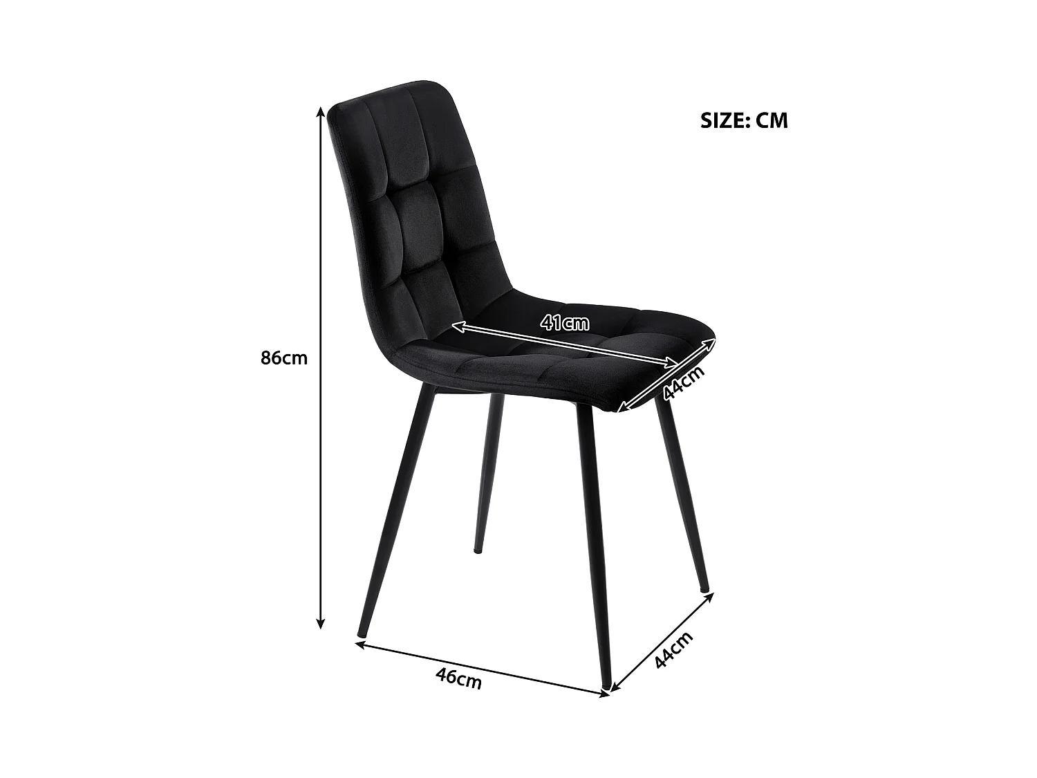 Lot de 4 chaises de salle à manger, avec pieds en métal, tissu en velours, Scandinave, noir