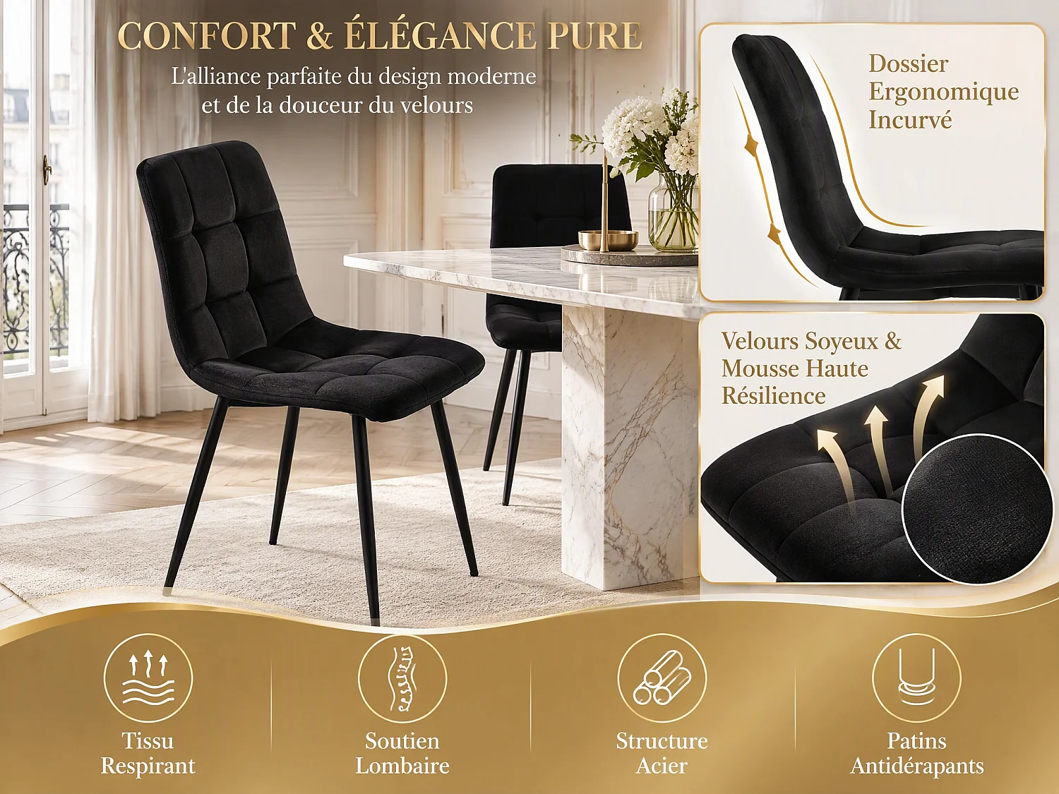 Lot de 4 chaises de salle à manger, avec pieds en métal, tissu en velours, Scandinave, noir