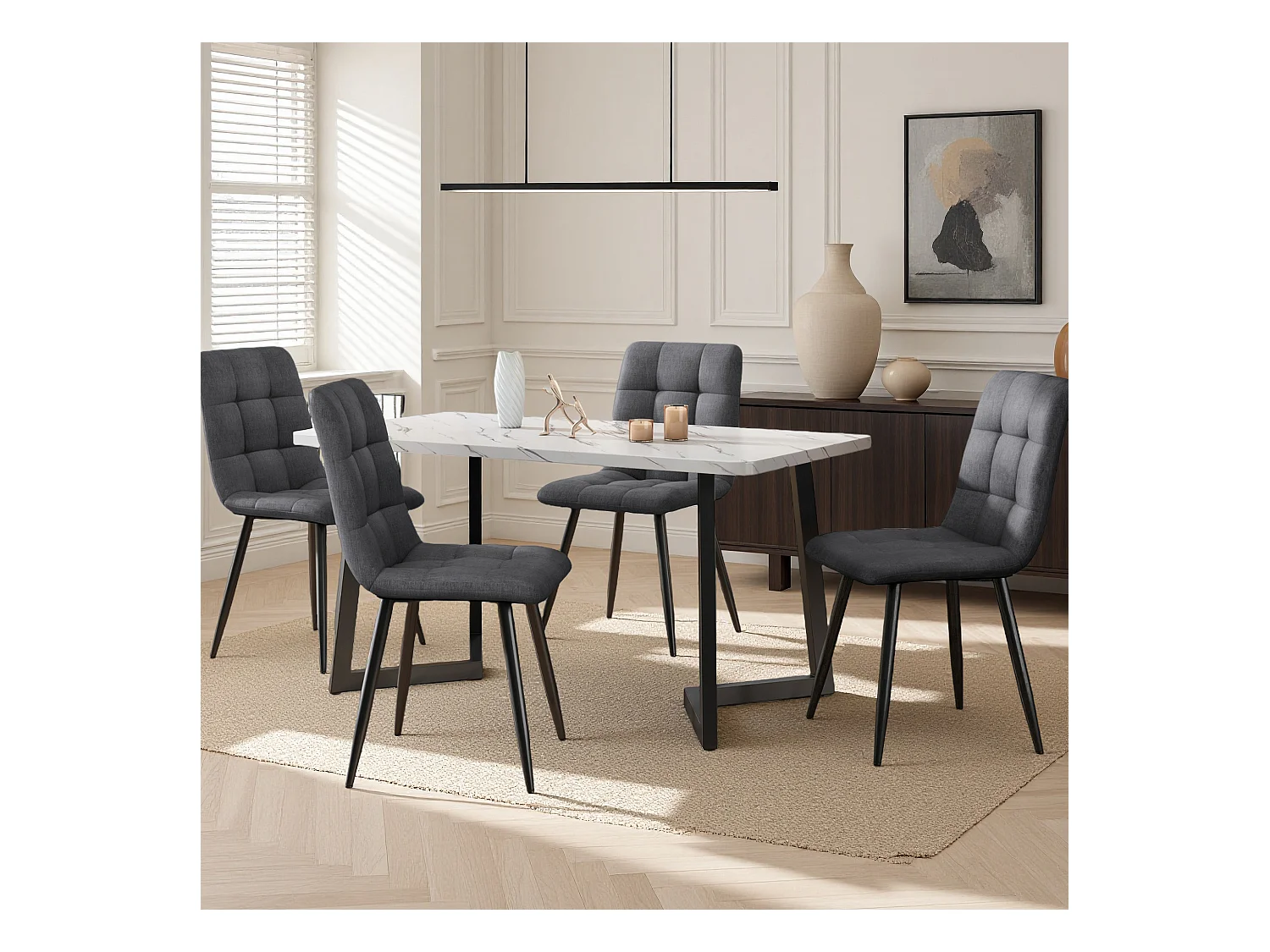 Lot de 4 chaises de salle à manger, avec pieds en métal, tissu en lin, Scandinave, gris