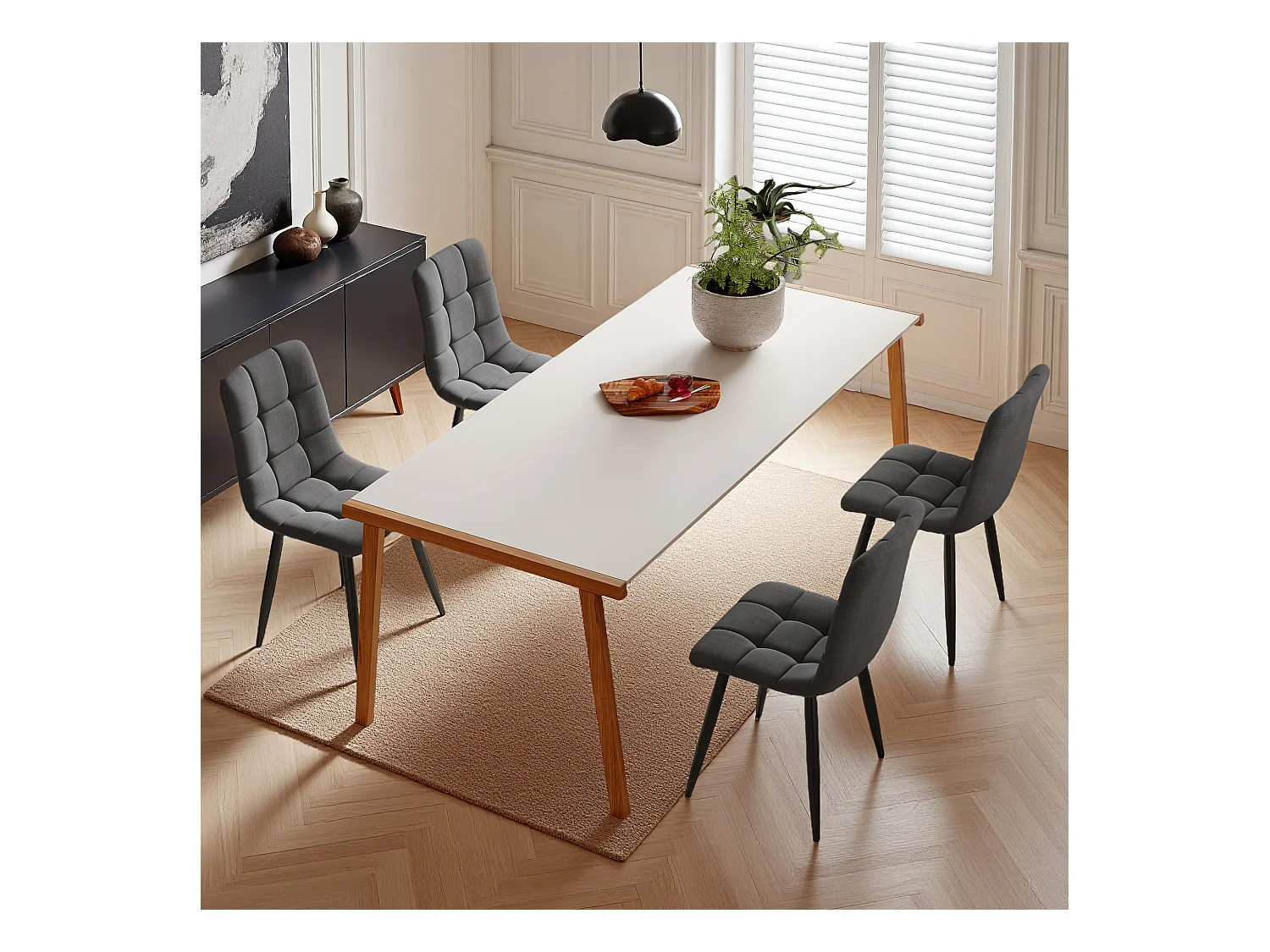 Lot de 4 chaises de salle à manger, avec pieds en métal, tissu en lin, Scandinave, gris