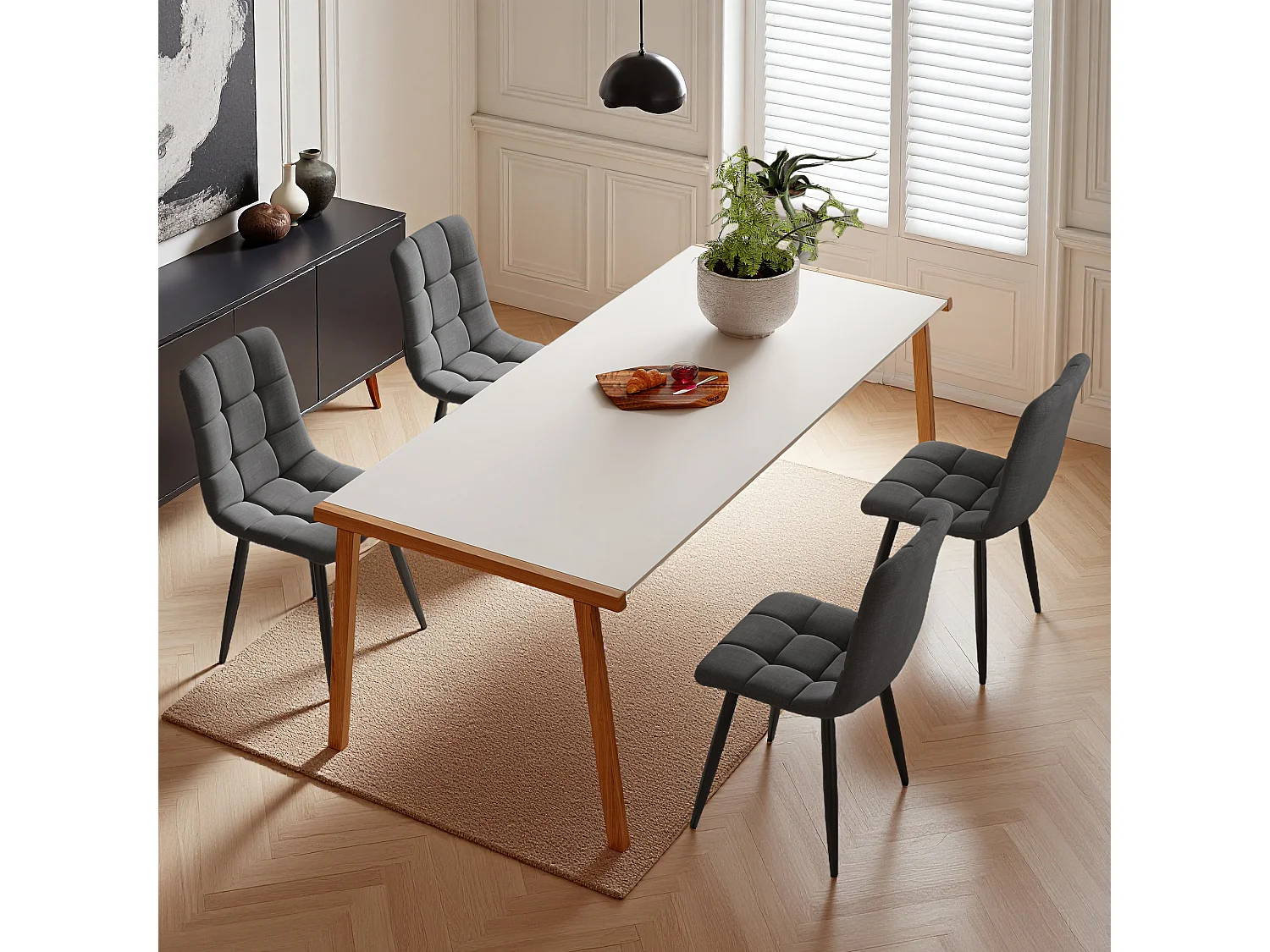 Lot de 4 chaises de salle à manger, avec pieds en métal, tissu en lin, Scandinave, gris