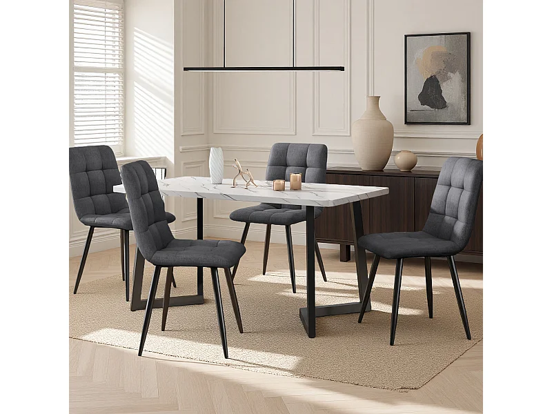 Lot de 4 chaises de salle à manger, avec pieds en métal, tissu en lin, Scandinave, gris