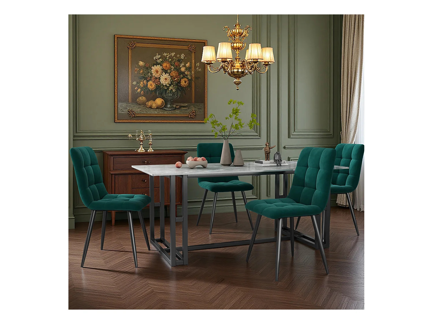 Lot de 4 chaises de salle à manger, avec pieds en métal, tissu en velours, Scandinave, vert
