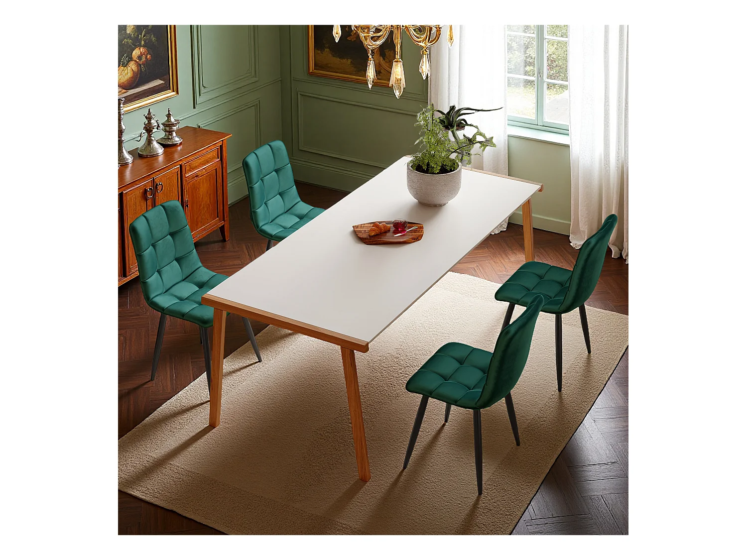 Lot de 4 chaises de salle à manger, avec pieds en métal, tissu en velours, Scandinave, vert