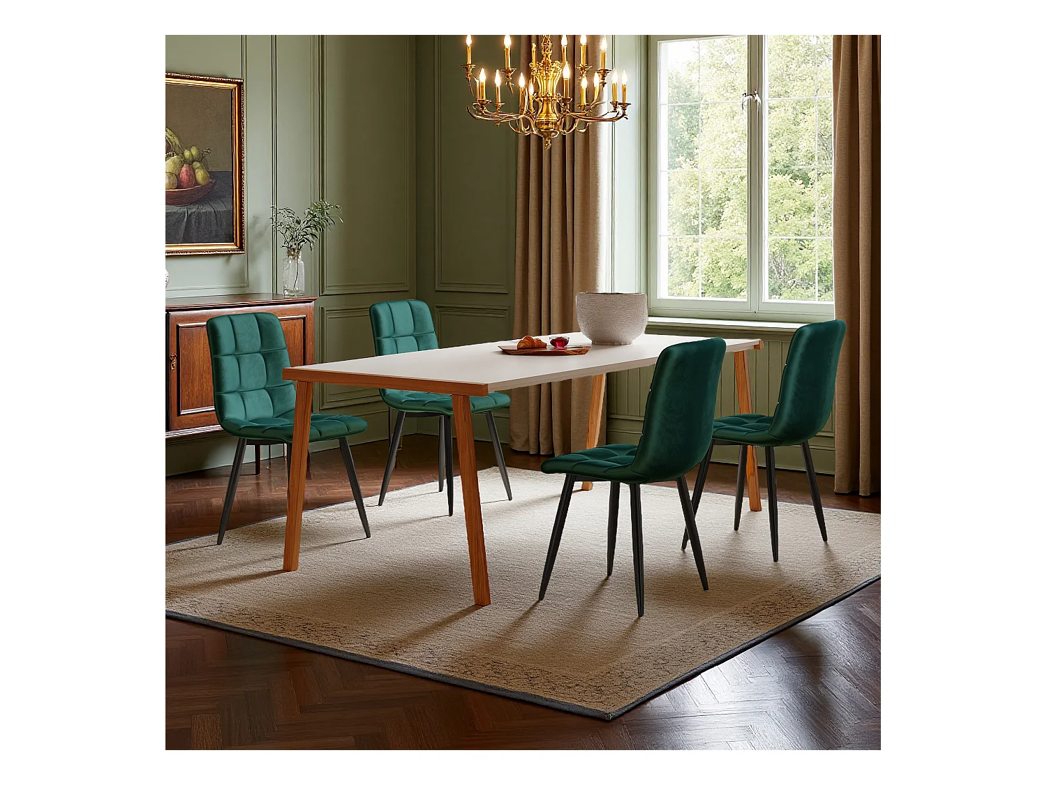 Lot de 4 chaises de salle à manger, avec pieds en métal, tissu en velours, Scandinave, vert