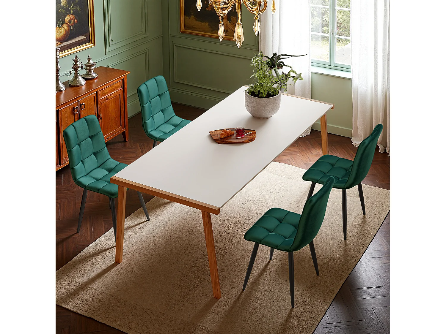 Lot de 4 chaises de salle à manger, avec pieds en métal, tissu en velours, Scandinave, vert