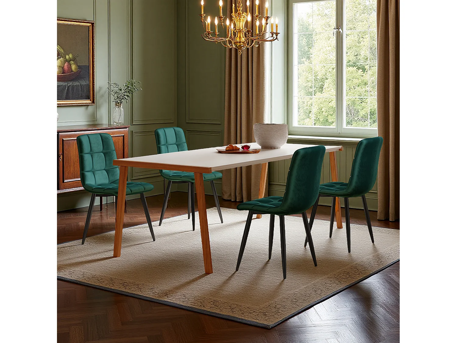 Lot de 4 chaises de salle à manger, avec pieds en métal, tissu en velours, Scandinave, vert