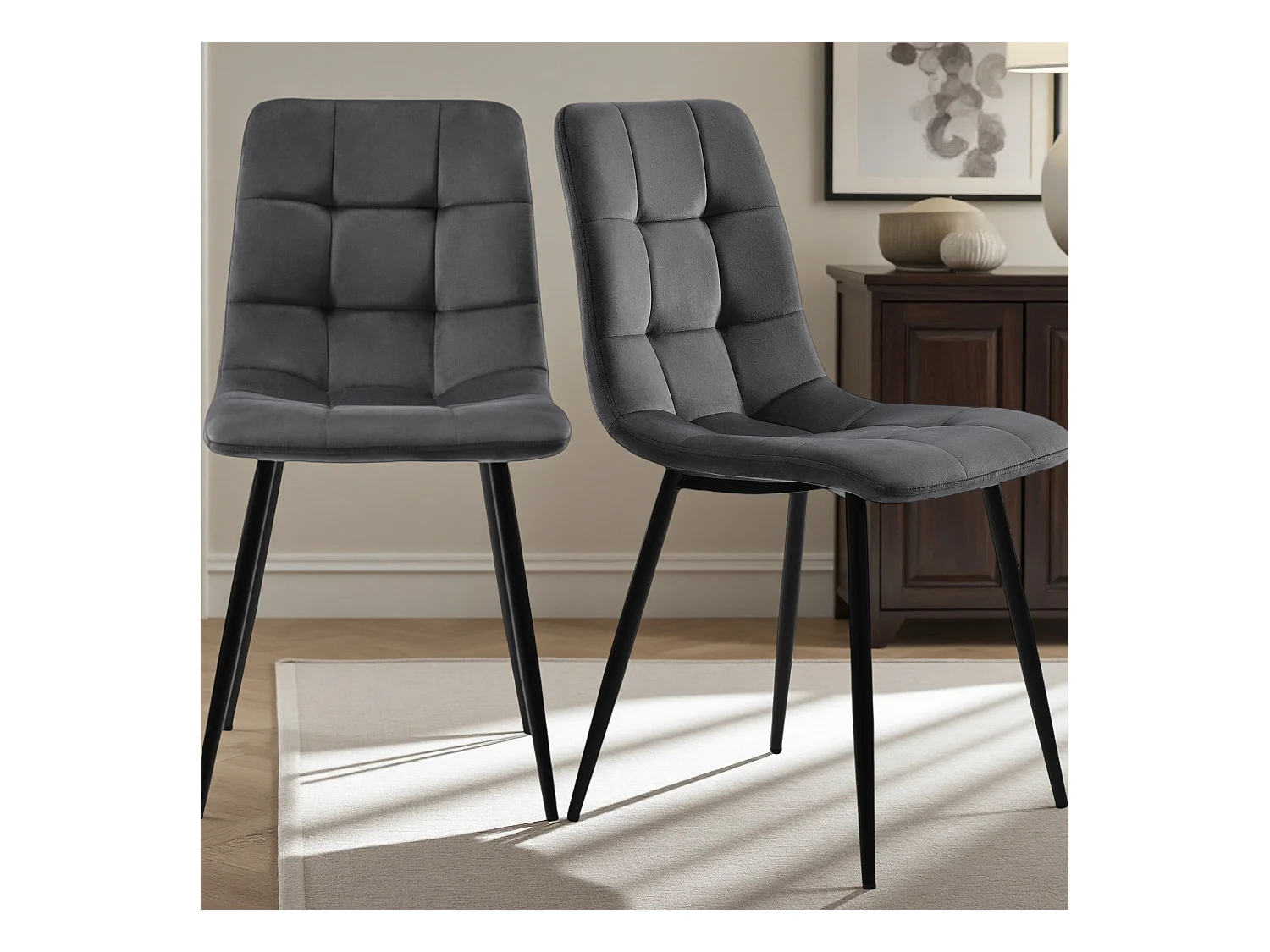 Lot de 4 chaises de salle à manger, avec pieds en métal, tissu en velours, Scandinave, gris