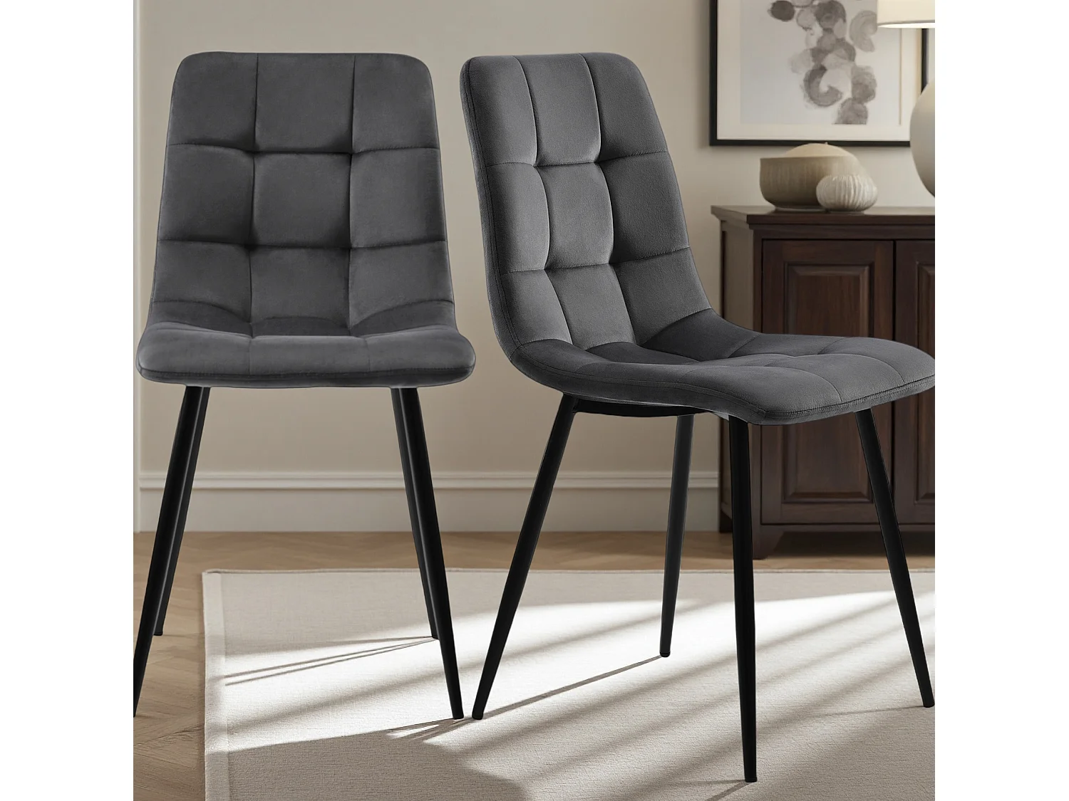 Lot de 4 chaises de salle à manger, avec pieds en métal, tissu en velours, Scandinave, gris