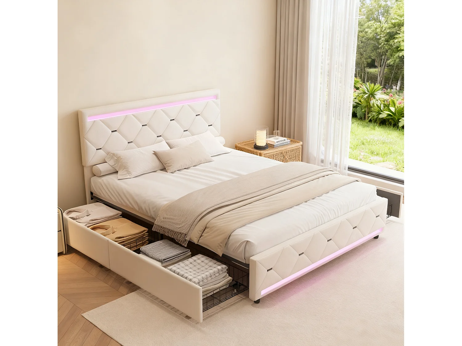 Bed 140x200 cm - NEXU - LED - USB - Bed van fluweelstof 140x200 cm - Bedframe van 140x200 cm met lade - gebroken wit