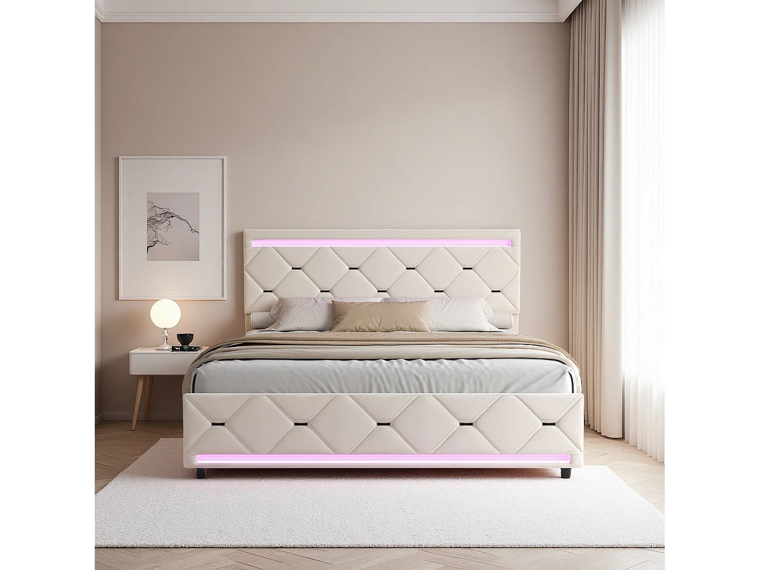 Bed 140x200 cm - NEXU - LED - USB - Bed van fluweelstof 140x200 cm - Bedframe van 140x200 cm met lade - gebroken wit