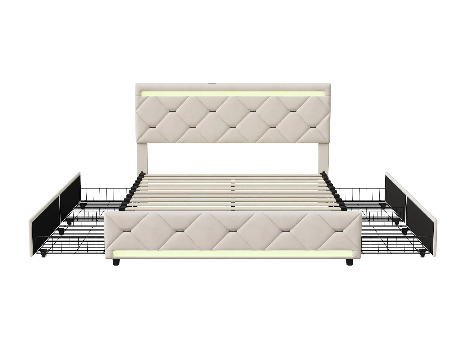 Bed 140x200 cm - NEXU - LED - USB - Bed van fluweelstof 140x200 cm - Bedframe van 140x200 cm met lade - gebroken wit