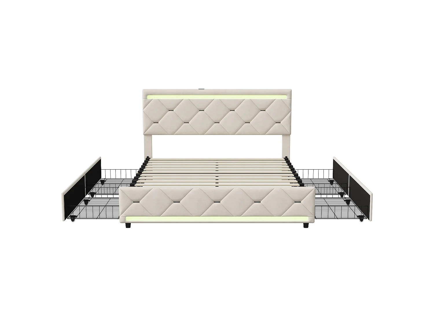 Bed 140x200 cm - NEXU - LED - USB - Bed van fluweelstof 140x200 cm - Bedframe van 140x200 cm met lade - gebroken wit