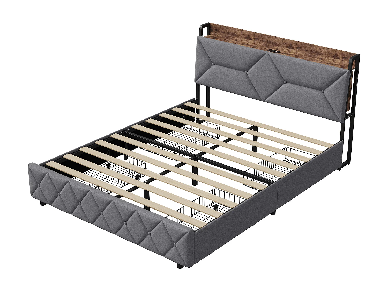 it adulte 140x200 cm avec sommier à lattes - NEXU - tissu en lin - Rangement de la tête de lit - LED - USB et Type C - cadre de lit tiroir 140x200 cm - Gris