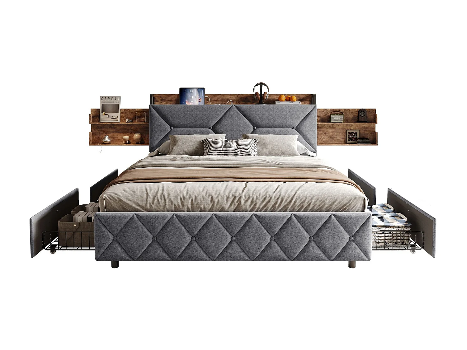 it adulte 140x200 cm avec sommier à lattes - NEXU - tissu en lin - Rangement de la tête de lit - LED - USB et Type C - cadre de lit tiroir 140x200 cm - Gris