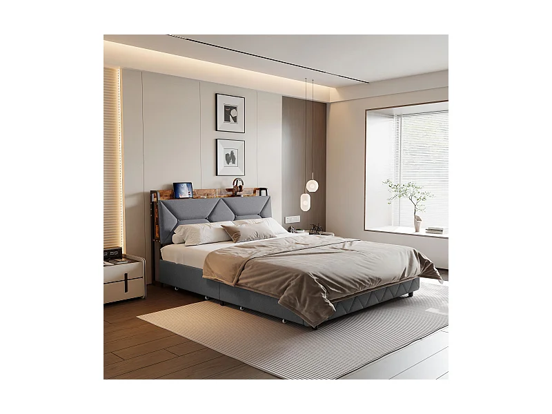 Lit double 160x200  cm avec sommier à lattes - NEXU -  tissu en lin - Rangement de la tête de lit - LED - USB et Type C - cadre de lit tiroir 160x200 cm - Gris