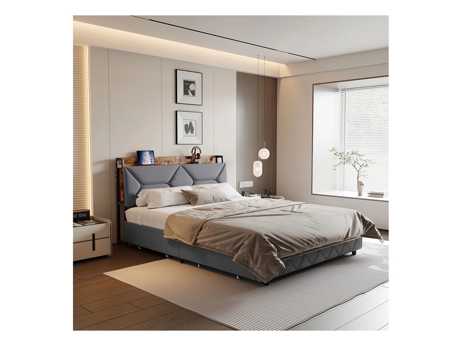 Lit double 160x200  cm avec sommier à lattes - NEXU -  tissu en lin - Rangement de la tête de lit - LED - USB et Type C - cadre de lit tiroir 160x200 cm - Gris