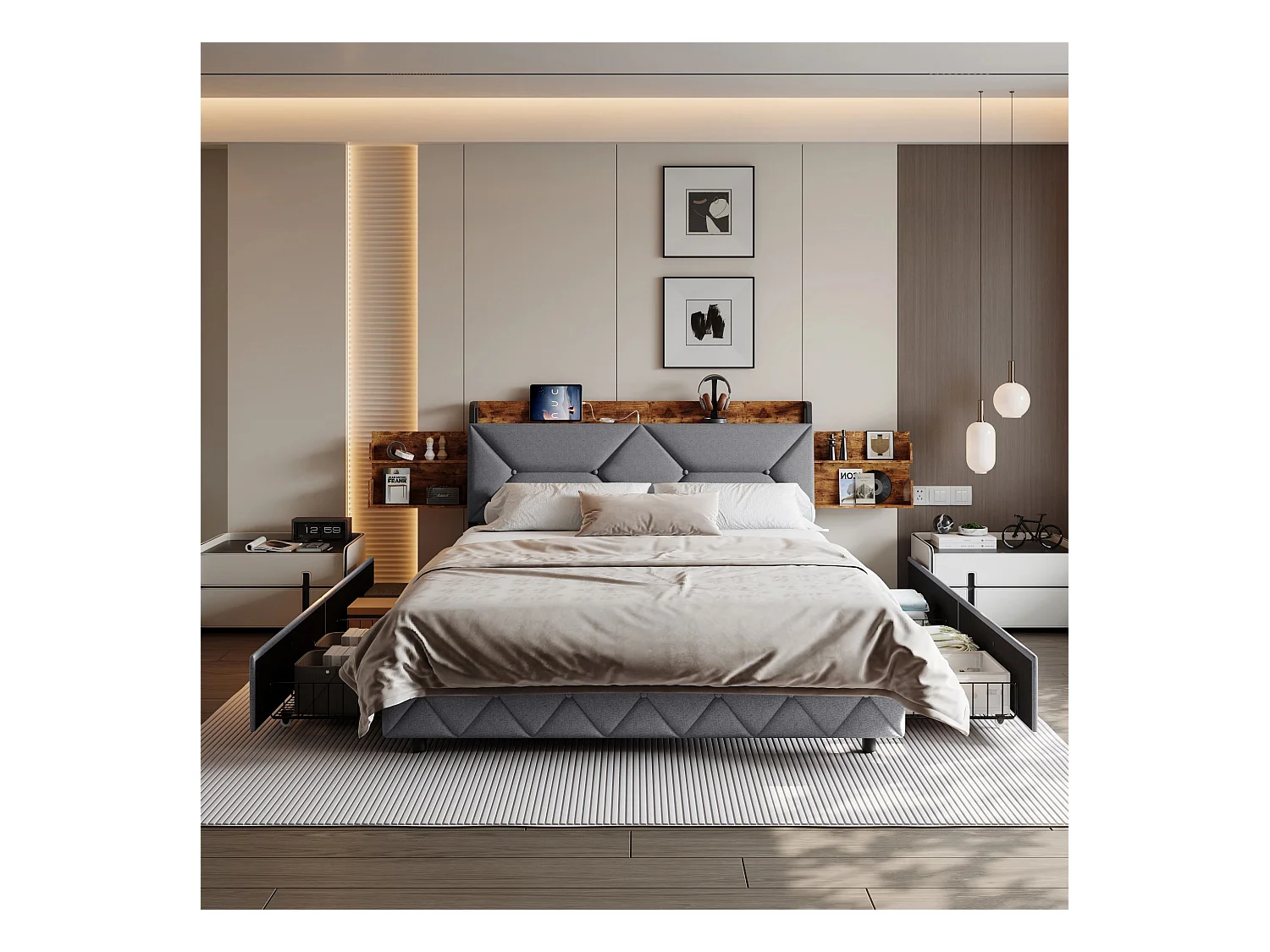 Lit double 160x200  cm avec sommier à lattes - NEXU -  tissu en lin - Rangement de la tête de lit - LED - USB et Type C - cadre de lit tiroir 160x200 cm - Gris
