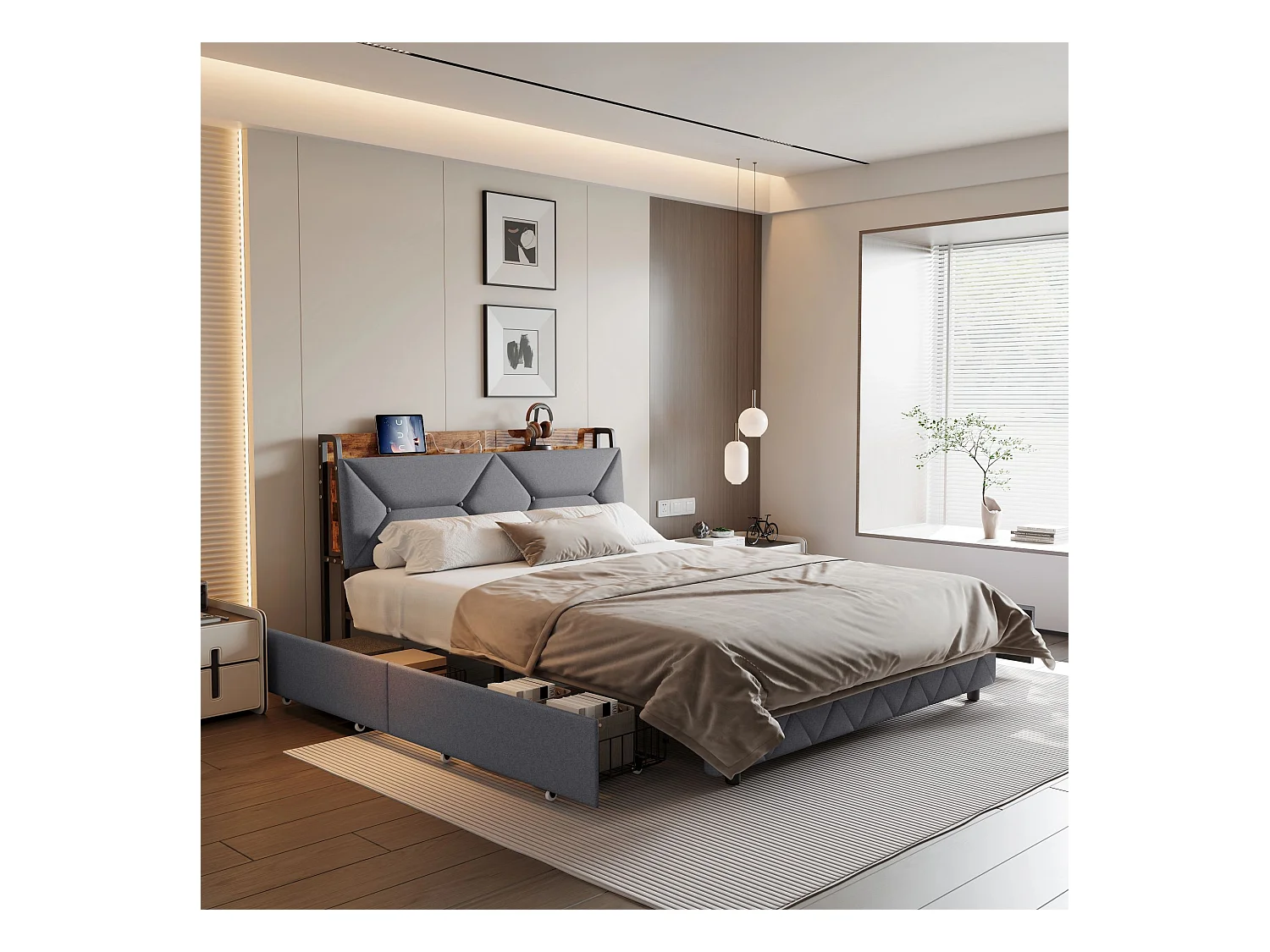 Lit double 160x200  cm avec sommier à lattes - NEXU -  tissu en lin - Rangement de la tête de lit - LED - USB et Type C - cadre de lit tiroir 160x200 cm - Gris