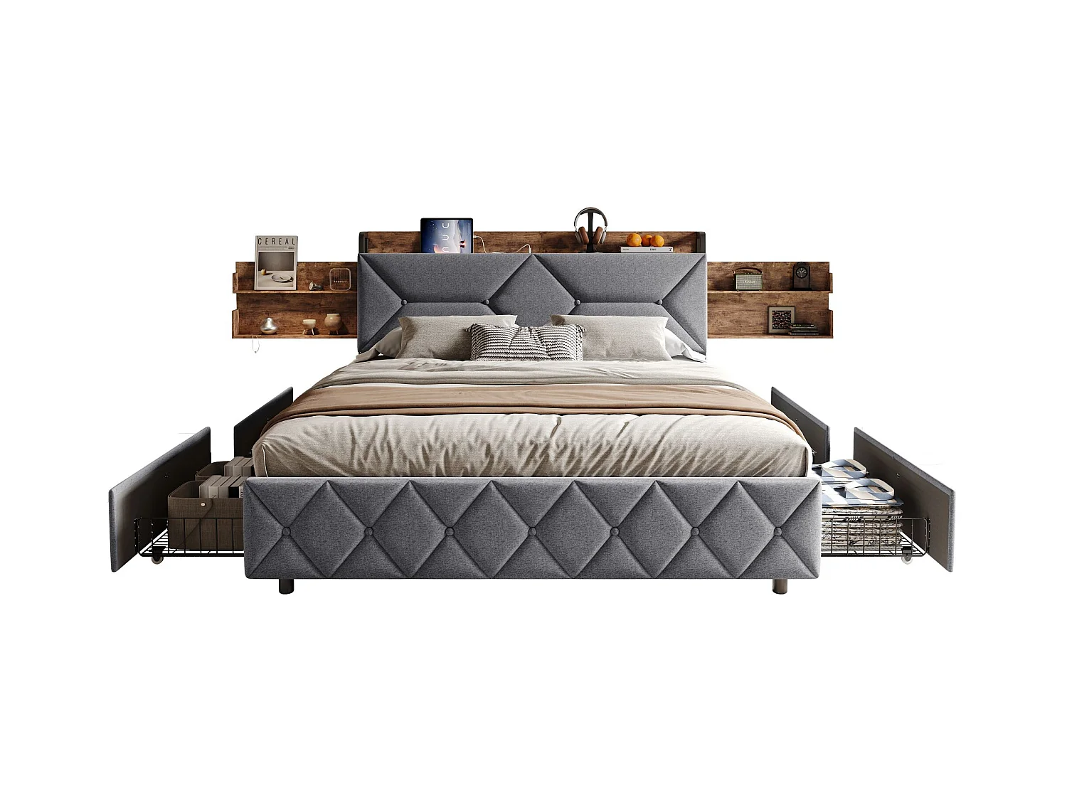 Lit double 160x200  cm avec sommier à lattes - NEXU -  tissu en lin - Rangement de la tête de lit - LED - USB et Type C - cadre de lit tiroir 160x200 cm - Gris