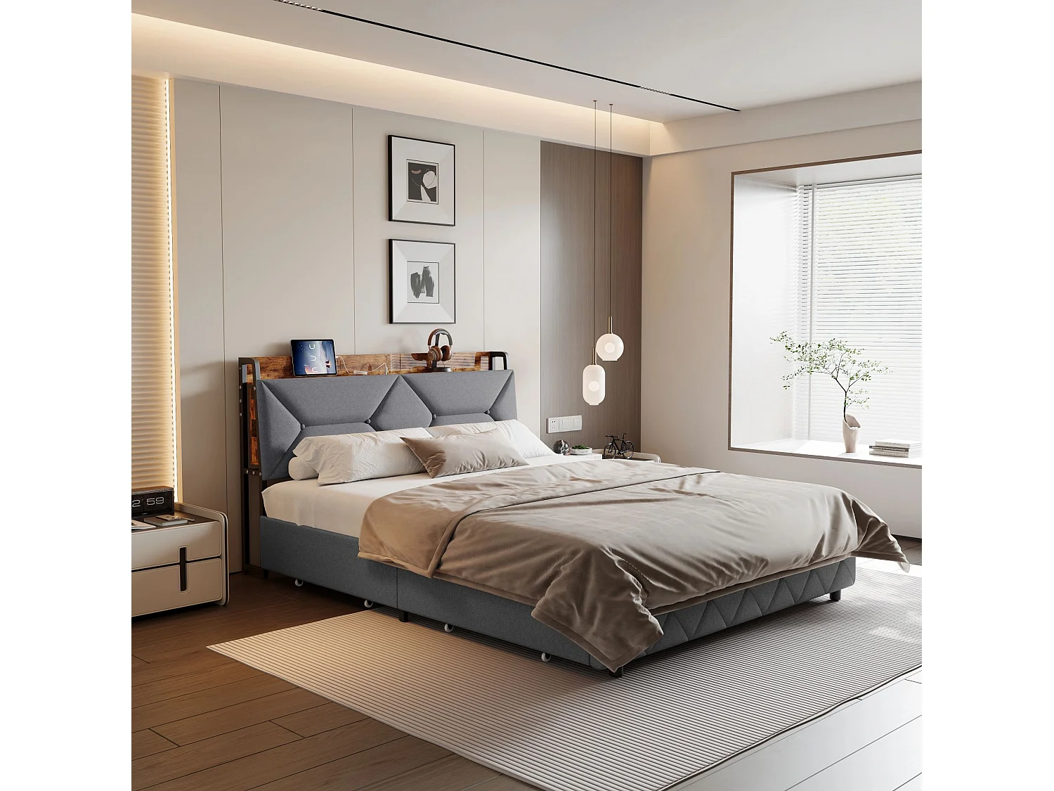 Lit double 160x200  cm avec sommier à lattes - NEXU -  tissu en lin - Rangement de la tête de lit - LED - USB et Type C - cadre de lit tiroir 160x200 cm - Gris
