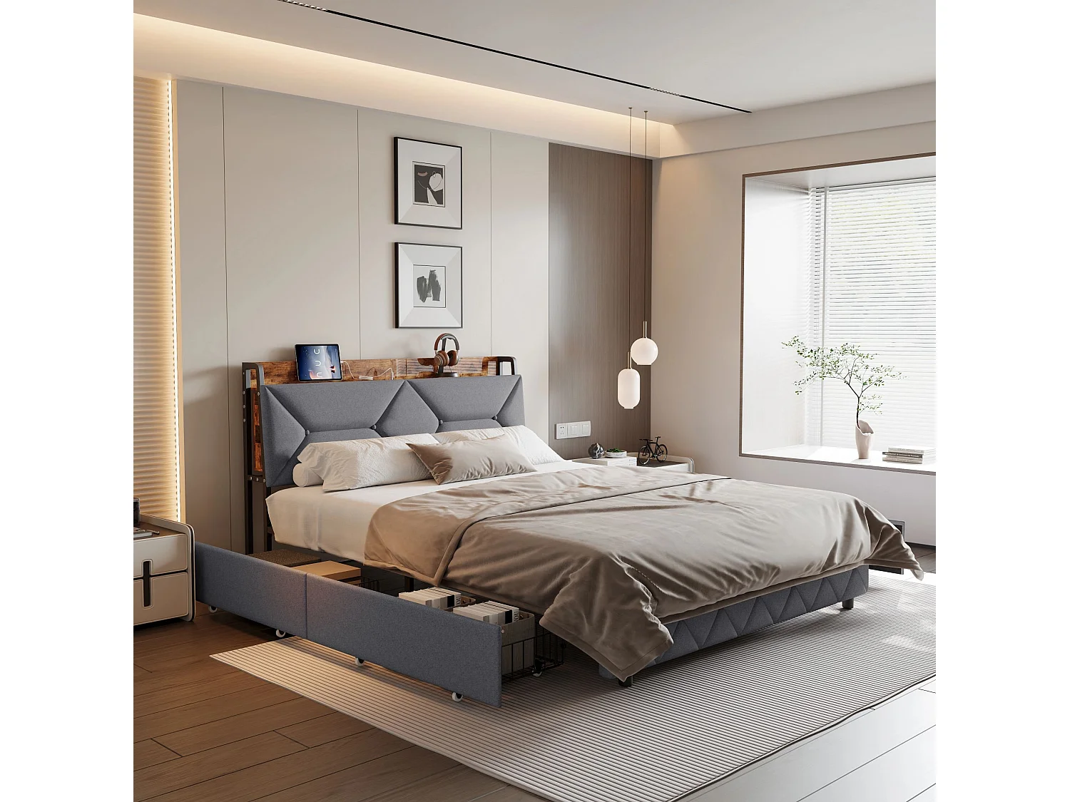 Lit double 160x200  cm avec sommier à lattes - NEXU -  tissu en lin - Rangement de la tête de lit - LED - USB et Type C - cadre de lit tiroir 160x200 cm - Gris