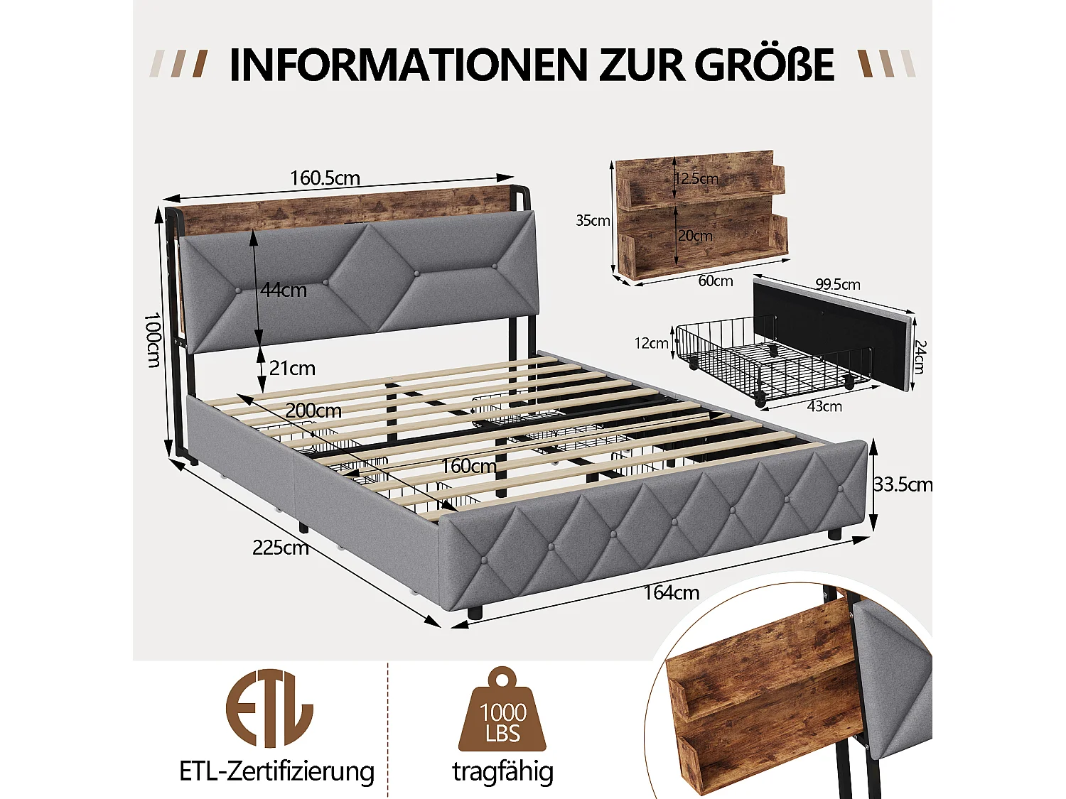 Lit double 160x200  cm avec sommier à lattes - NEXU -  tissu en lin - Rangement de la tête de lit - LED - USB et Type C - cadre de lit tiroir 160x200 cm - Gris