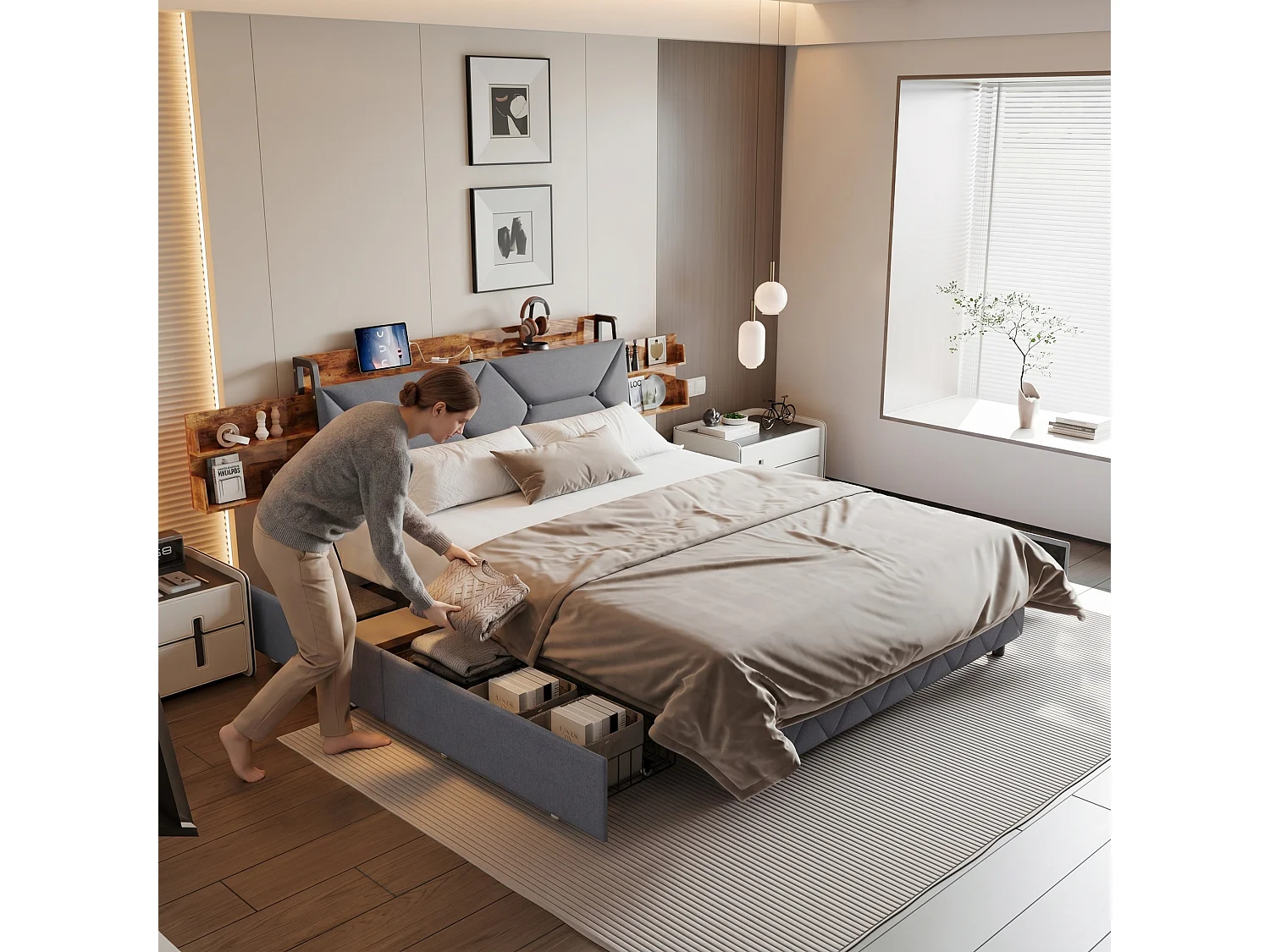 Lit adulte 160x200 cm avec tiroirs, tête de lit avec rangement, sommier à lattes, LED et ports de charge, tissu en lin gris