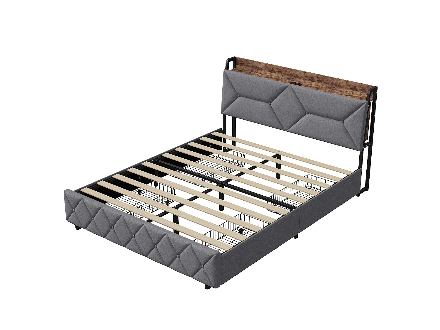 Lit adulte 160x200 cm avec tiroirs, tête de lit avec rangement, sommier à lattes, LED et ports de charge, tissu en lin gris