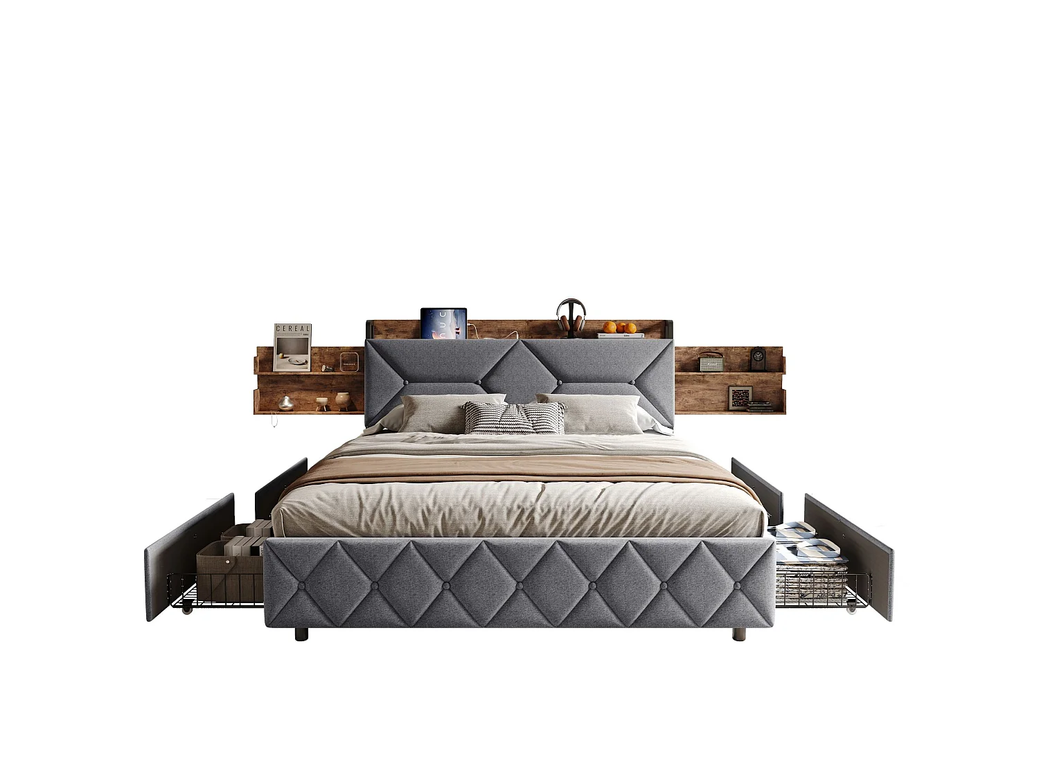 Lit adulte 160x200 cm avec tiroirs, tête de lit avec rangement, sommier à lattes, LED et ports de charge, tissu en lin gris