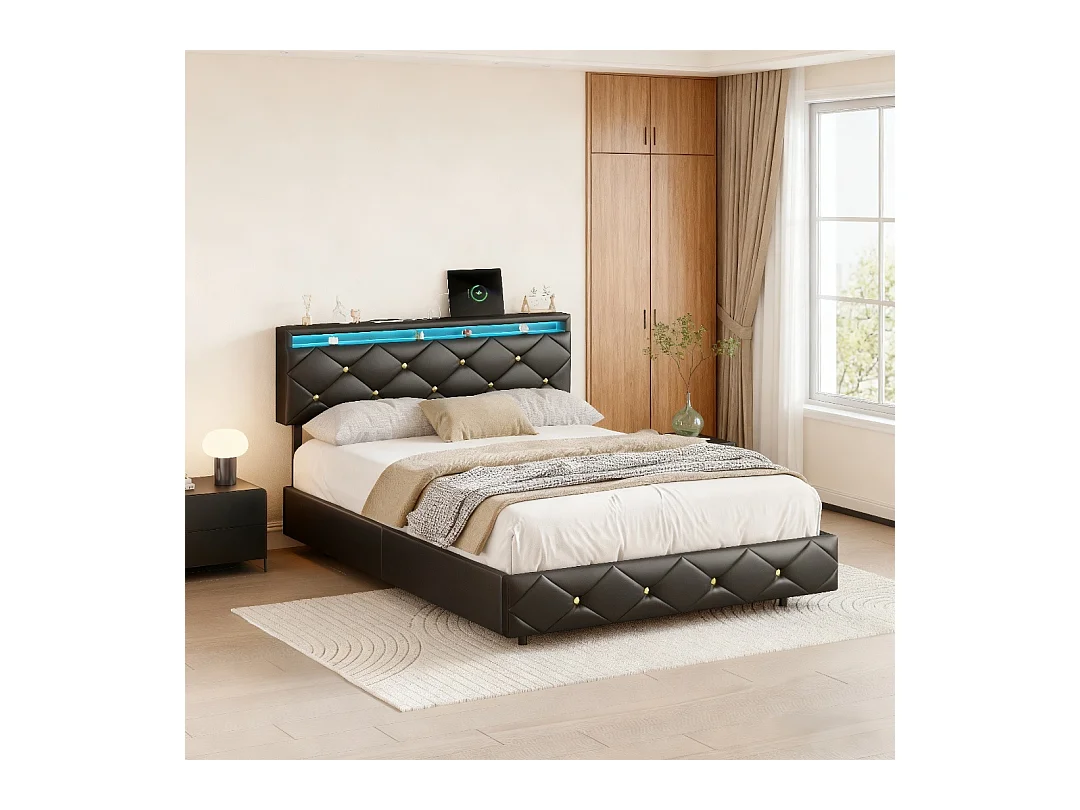 Lit aublte 160x200 cm avec sommier à lattes - NEXU - lit double 160x200 cm LED - USB - tissu en PU - cadre de lit flottant 160x200 cm - noir