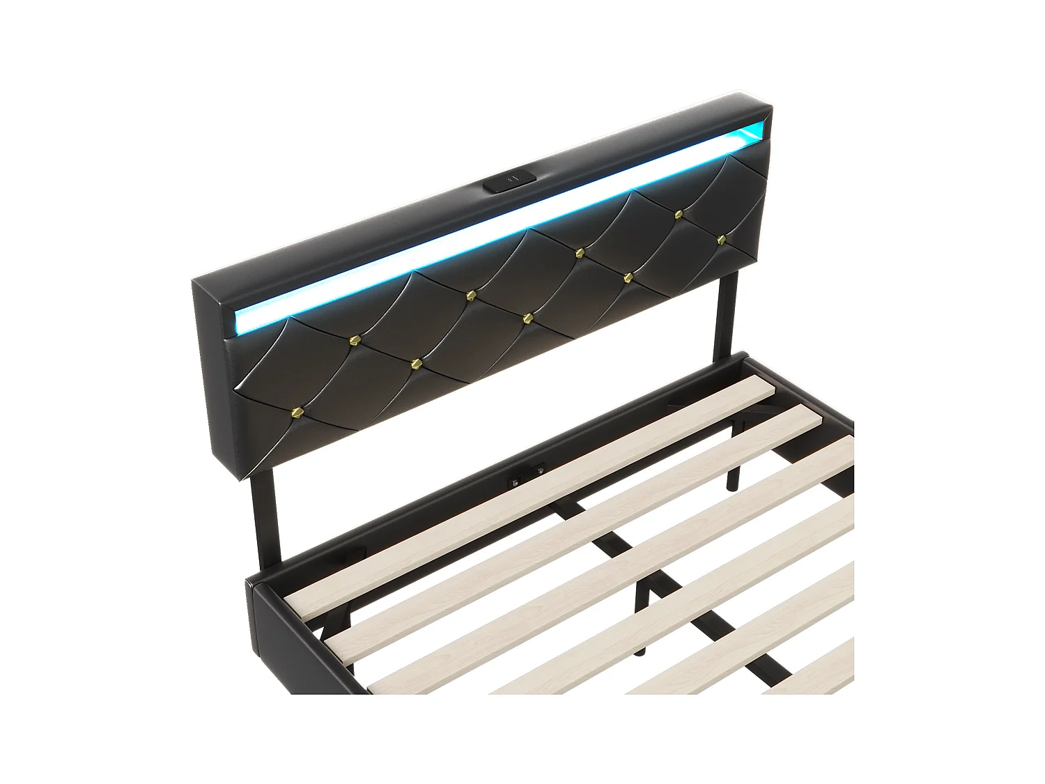 Lit aublte 160x200 cm avec sommier à lattes - NEXU - lit double 160x200 cm LED - USB - tissu en PU - cadre de lit flottant 160x200 cm - noir