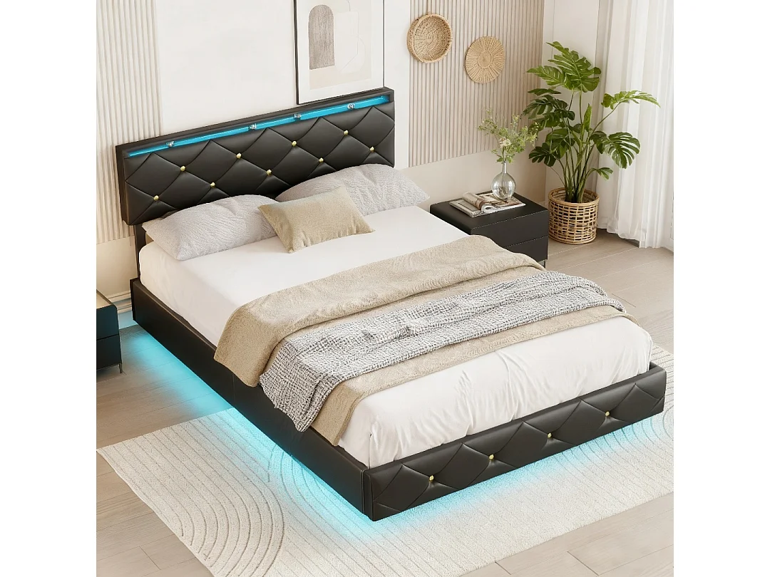 Lit aublte 160x200 cm avec sommier à lattes - NEXU - lit double 160x200 cm LED - USB - tissu en PU - cadre de lit flottant 160x200 cm - noir