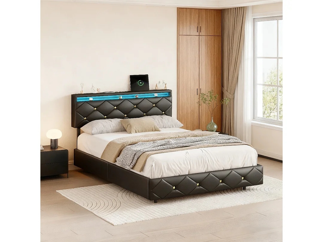 Lit aublte 160x200 cm avec sommier à lattes - NEXU - lit double 160x200 cm LED - USB - tissu en PU - cadre de lit flottant 160x200 cm - noir