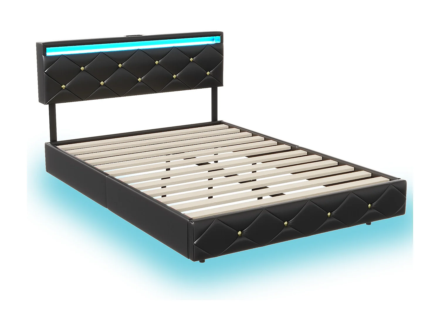 Lit aublte 160x200 cm avec sommier à lattes - NEXU - lit double 160x200 cm LED - USB - tissu en PU - cadre de lit flottant 160x200 cm - noir