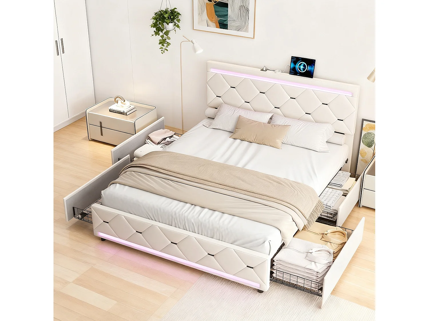 Lit 140x190 cm - NEXU - LED - USB - lit 140x190 cm tissu en velours - cadre de lit tiroir 140x190 cm - blanc cassé