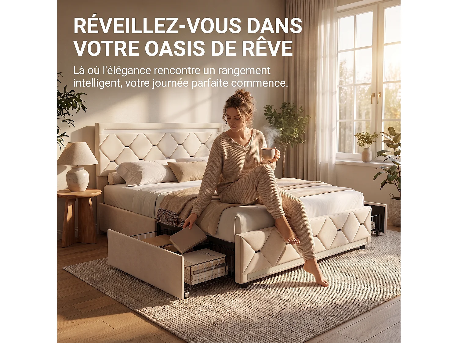 Bed 140x190 cm - NEXU - LED - USB - Bed van fluweelstof 140x190 cm - Bedframe van 140x190 cm met lade - gebroken wit