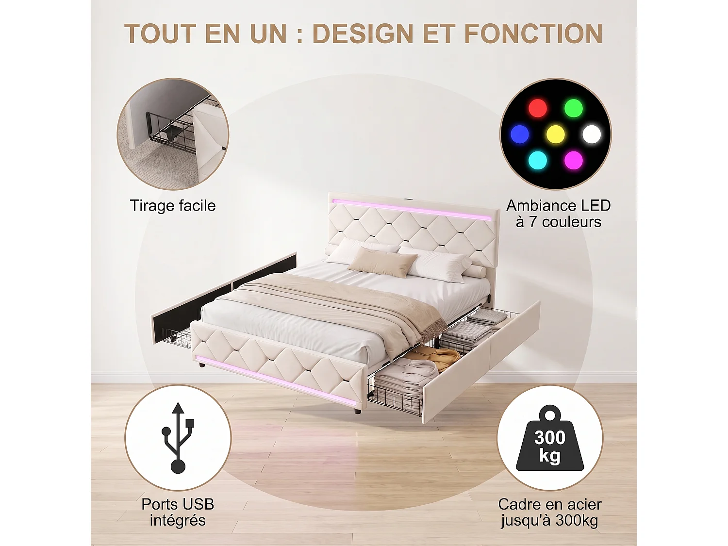 Bed 140x190 cm - NEXU - LED - USB - Bed van fluweelstof 140x190 cm - Bedframe van 140x190 cm met lade - gebroken wit