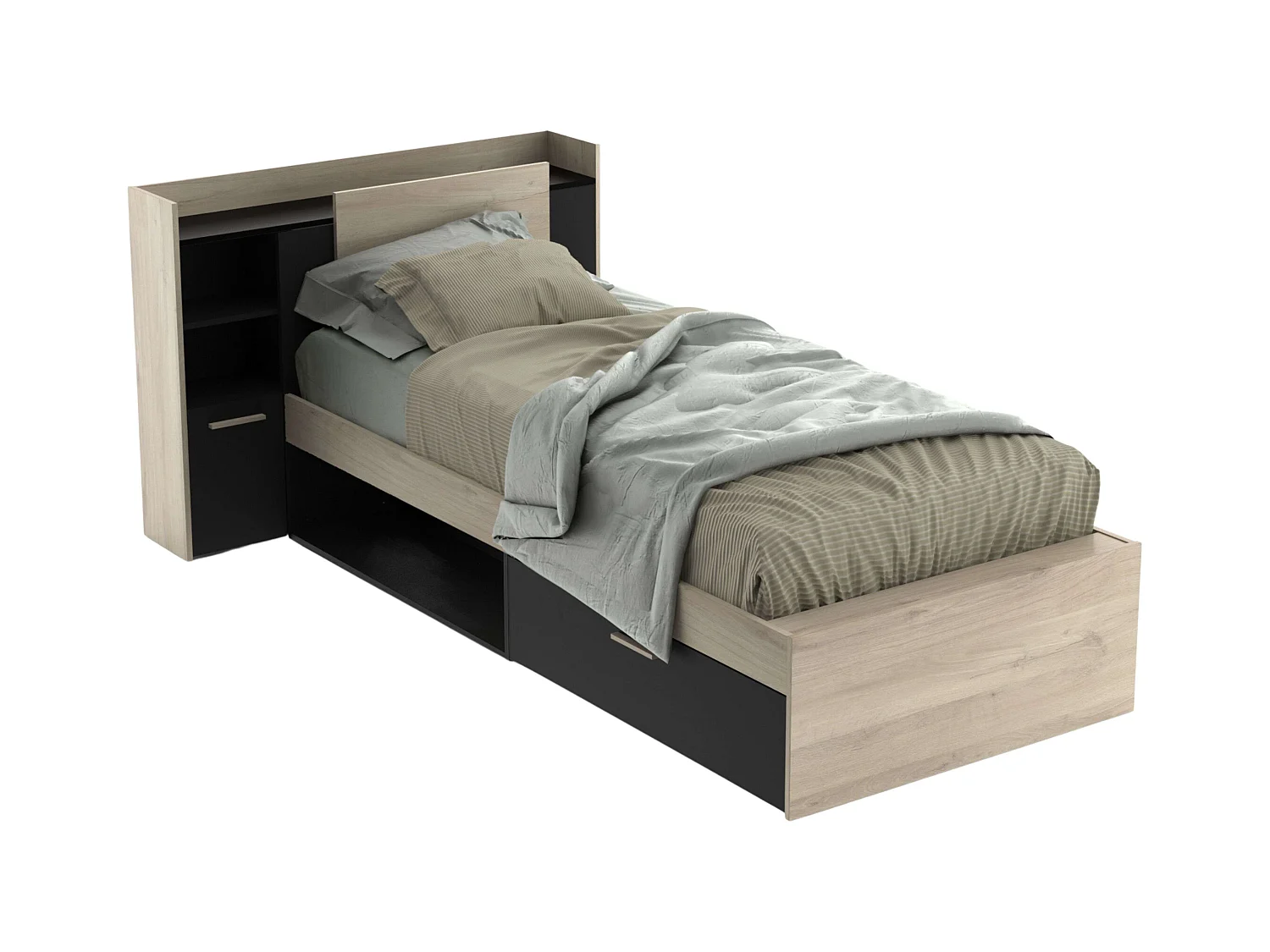 Cama Juvenil Life con Cabecero Roble Kronberg y Negro 90x190-200 cm