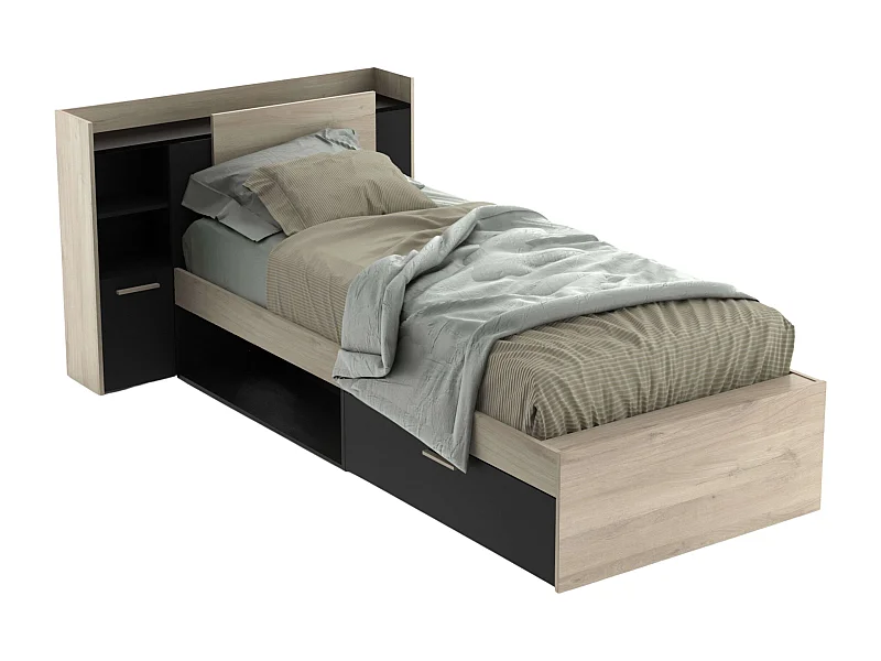 Cama Juvenil Life con Cabecero Roble Kronberg y Negro 90x190-200 cm