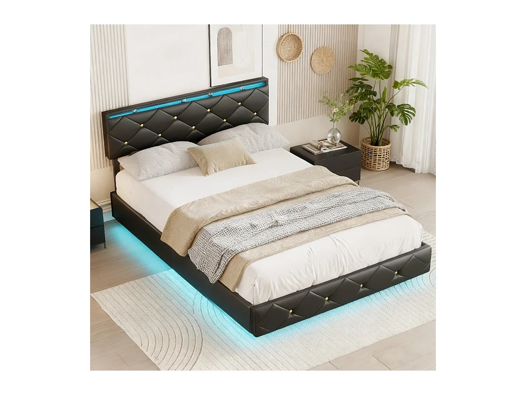 Lit adulte 140x200 cm avec sommier à lattes - NEXU - LED - USB - tissu en PU - cadre de lit flottant 140x200 cm - noir