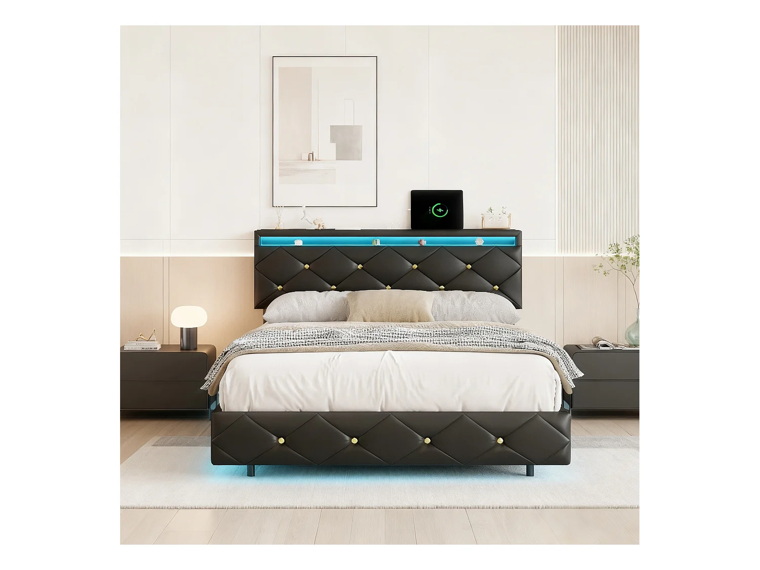 Lit adulte 140x200 cm avec sommier à lattes - NEXU - LED - USB - tissu en PU - cadre de lit flottant 140x200 cm - noir
