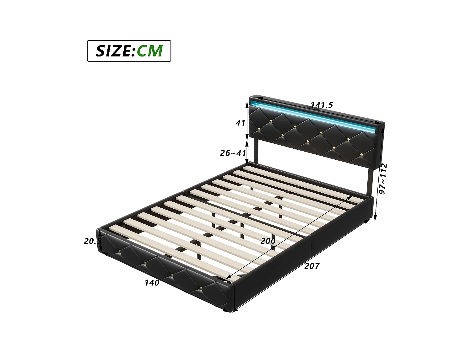 Lit adulte 140x200 cm avec sommier à lattes - NEXU - LED - USB - tissu en PU - cadre de lit flottant 140x200 cm - noir