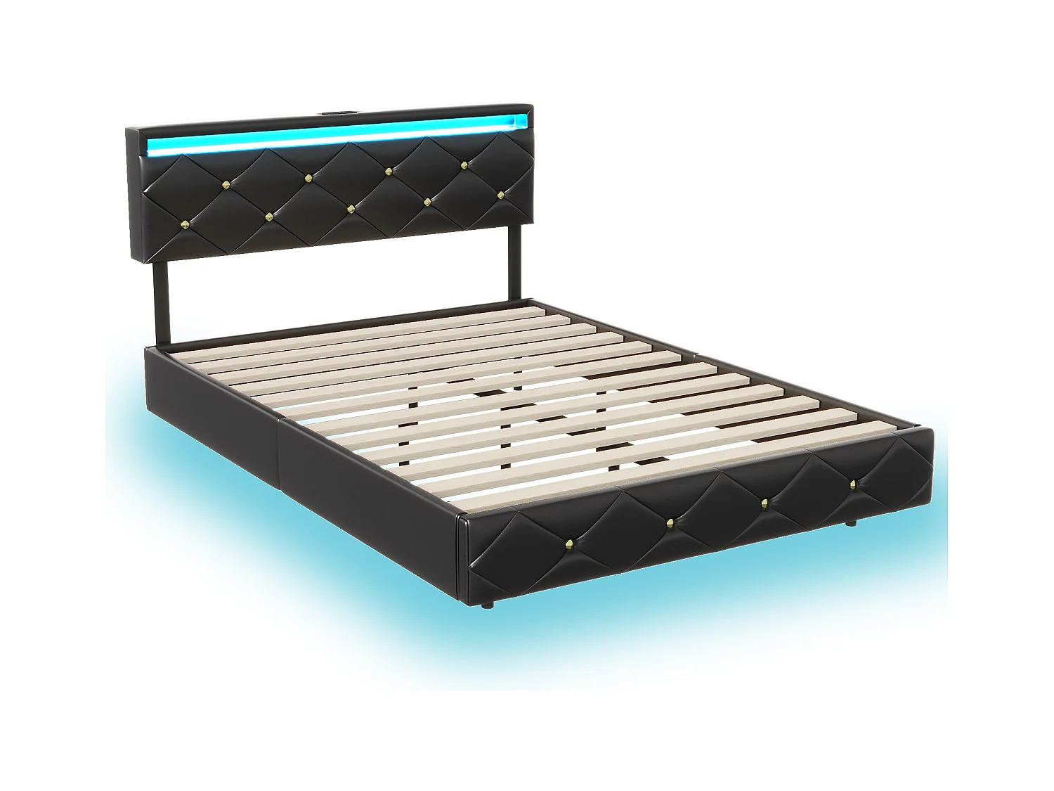 Lit adulte 140x200 cm avec sommier à lattes - NEXU - LED - USB - tissu en PU - cadre de lit flottant 140x200 cm - noir