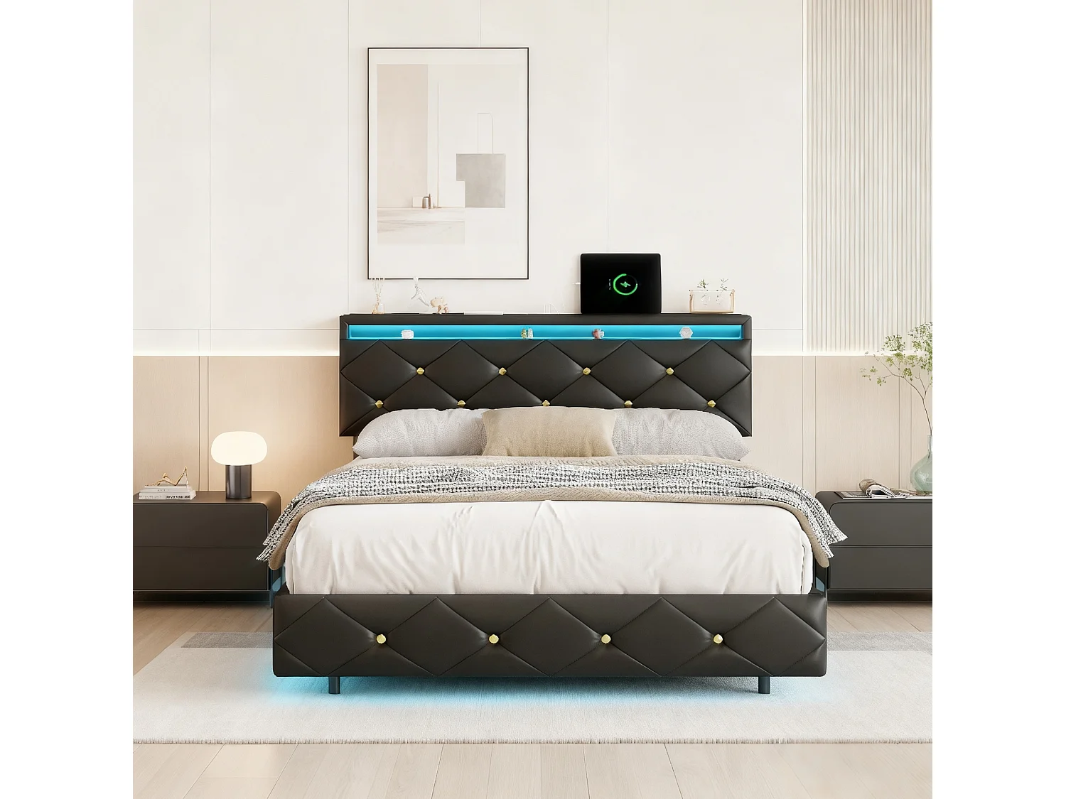 Lit adulte 140x200 cm avec sommier à lattes - NEXU - LED - USB - tissu en PU - cadre de lit flottant 140x200 cm - noir