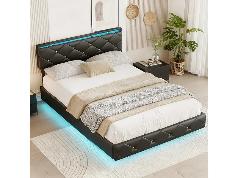 Lit adulte 140x200 cm avec sommier à lattes - NEXU - LED - USB - tissu en PU - cadre de lit flottant 140x200 cm - noir