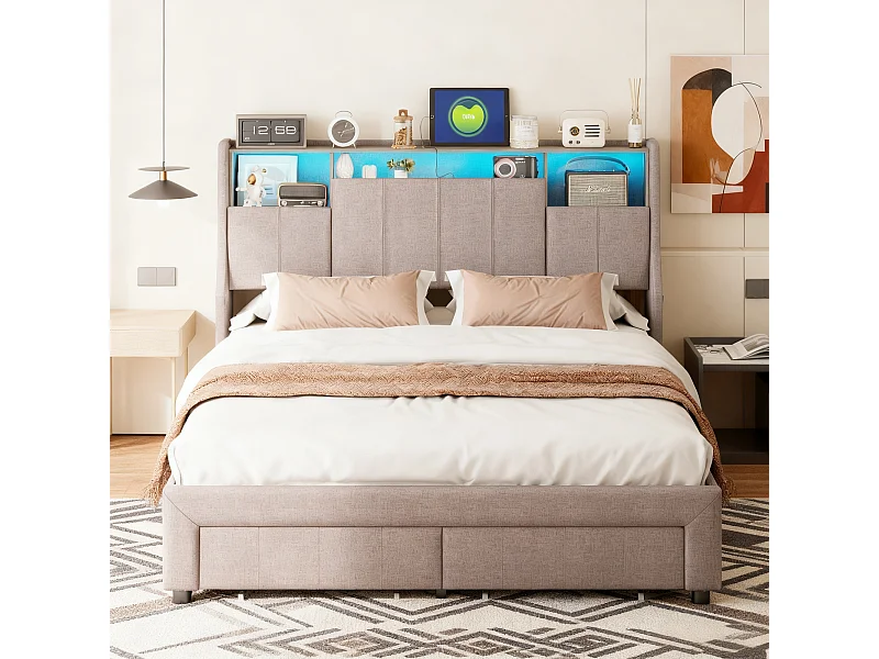 Lit double 160x200 cm avec sommier à lattes - NEXU - LED - USB - lit adulte 160x200 cm tissu en lin - cadre de lit tiroir 160x200 cm - gris